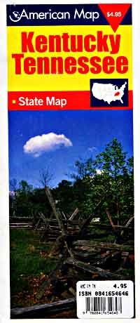 Tennessee and Kentucky, Tourist Road Map, America.