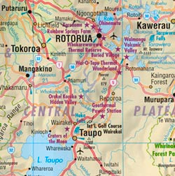 New Zealand, Road and Shaded Relief Tourist Map.