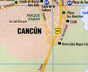 Yucatan Peninsula, Road and Shaded Relief Tourist Map, Mexico.