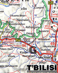 Caucasus Region: Georgia Republic, Armenia, and Azerbaijan, Road and Shaded Relief Tourist Map, Caucasus Mountains.