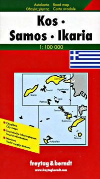 Kos, Samos, and Ikaria, Road and Shaded Relief Tourist Map.