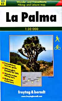 La Palma Island, Road and Shaded Relief Tourist HIKING Map, Canary Islands, Spain.