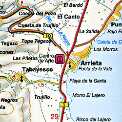 Lanzarote Island, Road and Shaded Relief Tourist Map, Canary Islands, Spain.