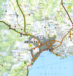 Turkey Riviera, Antalya, Side, Alanya, Road and Shaded Relief Tourist Map.