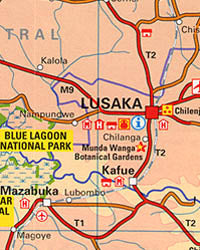 Zambia Road and Shaded Relief Tourist Map.