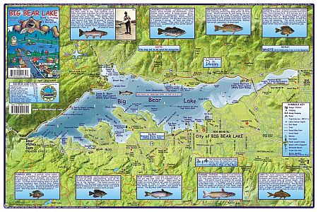 Big Bear Lake (Fishing), Road and Recreation Map, California, America.