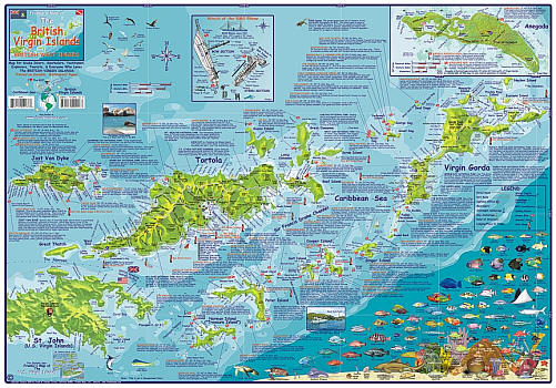 British Virgin Islands Guide and Dive, Road and Recreation Map, America.