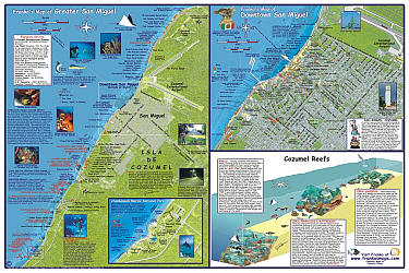 Cozumel Guide and Dive Tourist Road and Recreation Map, Mexico.