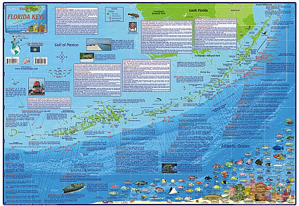 Florida Keys Guide and Dive Road and Recreation Map, Florida, America.