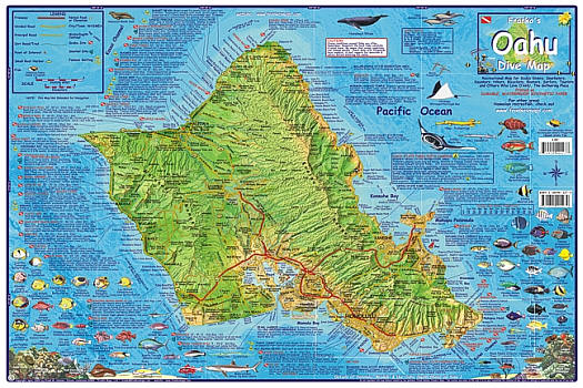 Oahu Diving Road and Recreation Map, Hawaii, America.