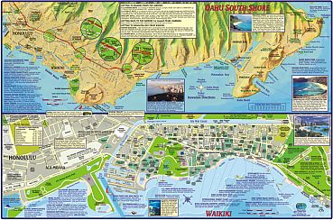 Oahu Guide Road and Recreation Map, Hawaii, America.