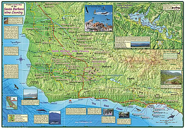 Santa Ynez Valley, Road and Recreation Map, California, America.