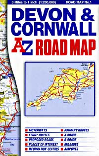 Devon and Cornwall, Road and Tourist Map.