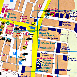 Santorini Island, Road and Topographic Tourist map, Greece.