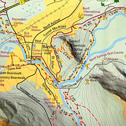 Banff, Up-Close and 3D Imagery Road and Topographic Tourist Map, British Columbia and Alberta, Canada.