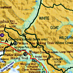 Icefields Parkway Road and Topographic Tourist Map, British Columbia and Alberta, Canada.