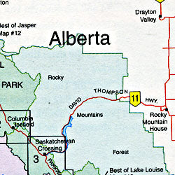 Kootenay National Park Road and Topographic Tourist Map, British Columbia and Alberta, Canada.