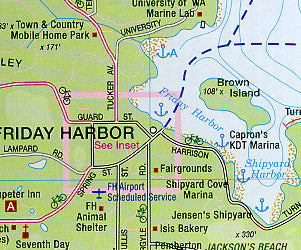 San Juan Islands, Road and Recreation Map, Washington, America.