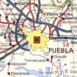 Puebla State, Road and Tourist Map, Mexico.