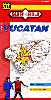 Yucatan State, Road and Tourist Map, Mexico.