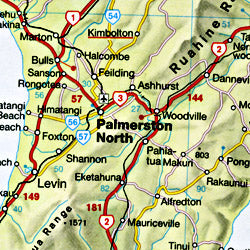 New Zealand, Road and Shaded Relief Tourist Map.