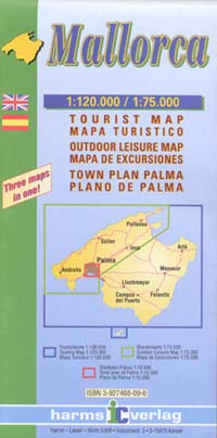 Majorca Map English Mallorca Road and Shaded Relief Tourist Map, Balearic Isles, Spain.