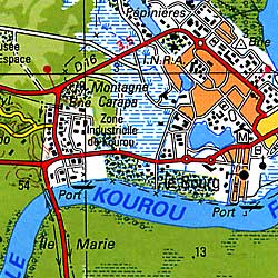 French Guiana, Cayenne, Kourou, Road and Shaded Relief Tourist Map.