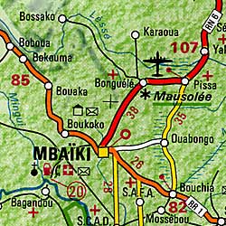 Central African Republic, Road and Shaded Relief Tourist Map.