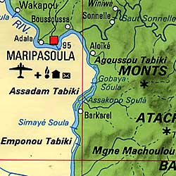 French Guiana, Road and Shaded Relief Tourist Map.