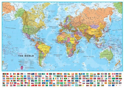 World Political Laminated WALL Map (with hanging metal strips).