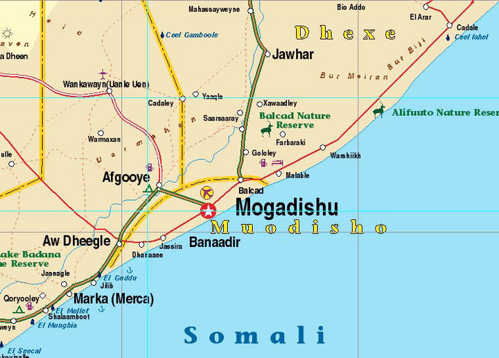 Djibouti and Somalia, Road and Physical Travel Reference Map.