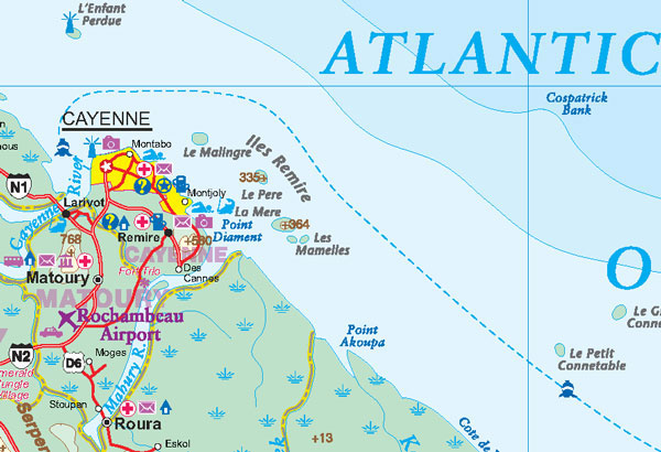 French Guiana, Road and Physical Travel Reference Map.