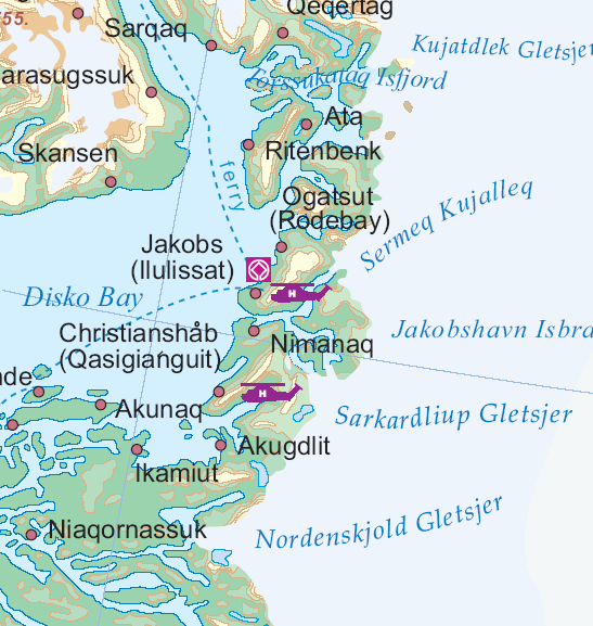 Greenland and North Pole Region Road and Physical Travel Reference Map.