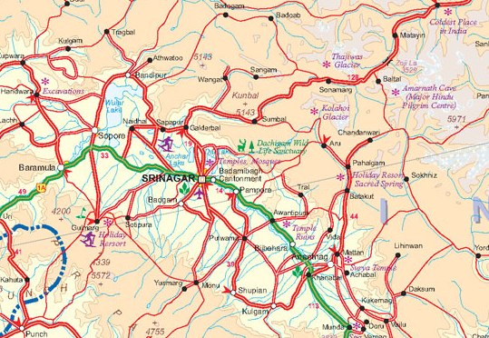 Himalaya Regions, Road and Travel Reference Physical Map.