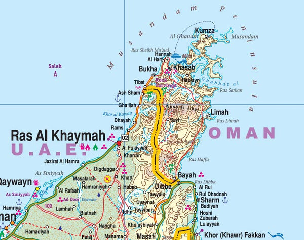 Oman and the United Arab Emirates, Road and Physical Travel Reference Map.