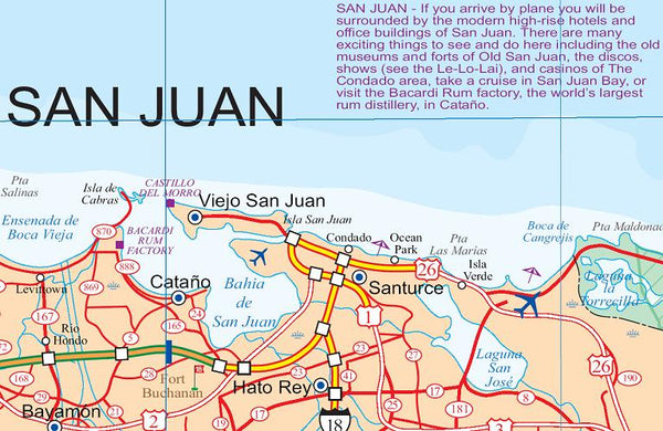 Puerto Rico, Road and Physical, Travel Reference Map, America.