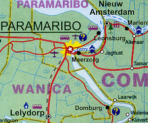 Suriname Road and Physical Travel Reference Physical Map.