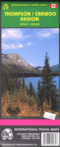 Thompson and Cariboo Region Road and Physical Travel Reference Map, British Columbia, Canada.