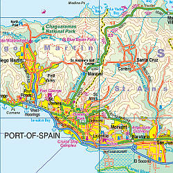 Trinidad and Tobago Road and Physical Travel Reference Map, West Indies.