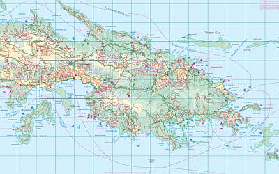 Virgin Islands and Puerto Rico, Detailed Road and Physical Travel Map.