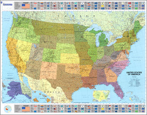 United States Political WALL Map with Flags.