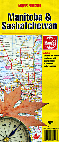 Manitoba and Saskatchewan Provinces Road and Tourist Map, Canada.