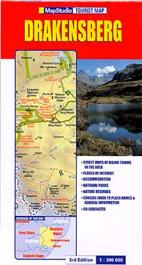 Drakensberg-KwaZulu-Natal Region, Road and Physical Tourist Map, South Africa.