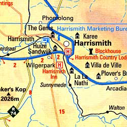 Drakensberg-KwaZulu-Natal Region, Road and Physical Tourist Map, South Africa.