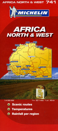 Africa, North West, Road and Tourist Map (includes Libya, Tunisia, Algeria, Morocco, Mauritania, Mali, Niger, Chad, Upper Volta, Senegal, Nigeria, Benin, Togo, Ghana, Ivory Coast, Liberia, Sierra Leone, Guinea, Guinea Bissau, and Gambia).