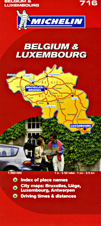 Belgium and Luxembourg, Road and Shaded Relief Tourist Map.