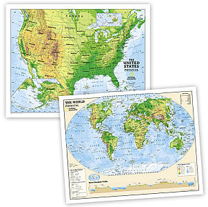 Physical USA and World Education "BUNDLE" WALL Map.