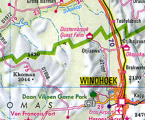 Namibia Road and Shaded Relief Tourist Map.