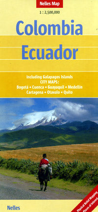 Colombia and Ecuador, Road and Shaded Relief Tourist Map.