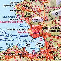 Ibiza and Formentera, Road and Shaded Relief Tourist Map, Balearic Isles, Spain.